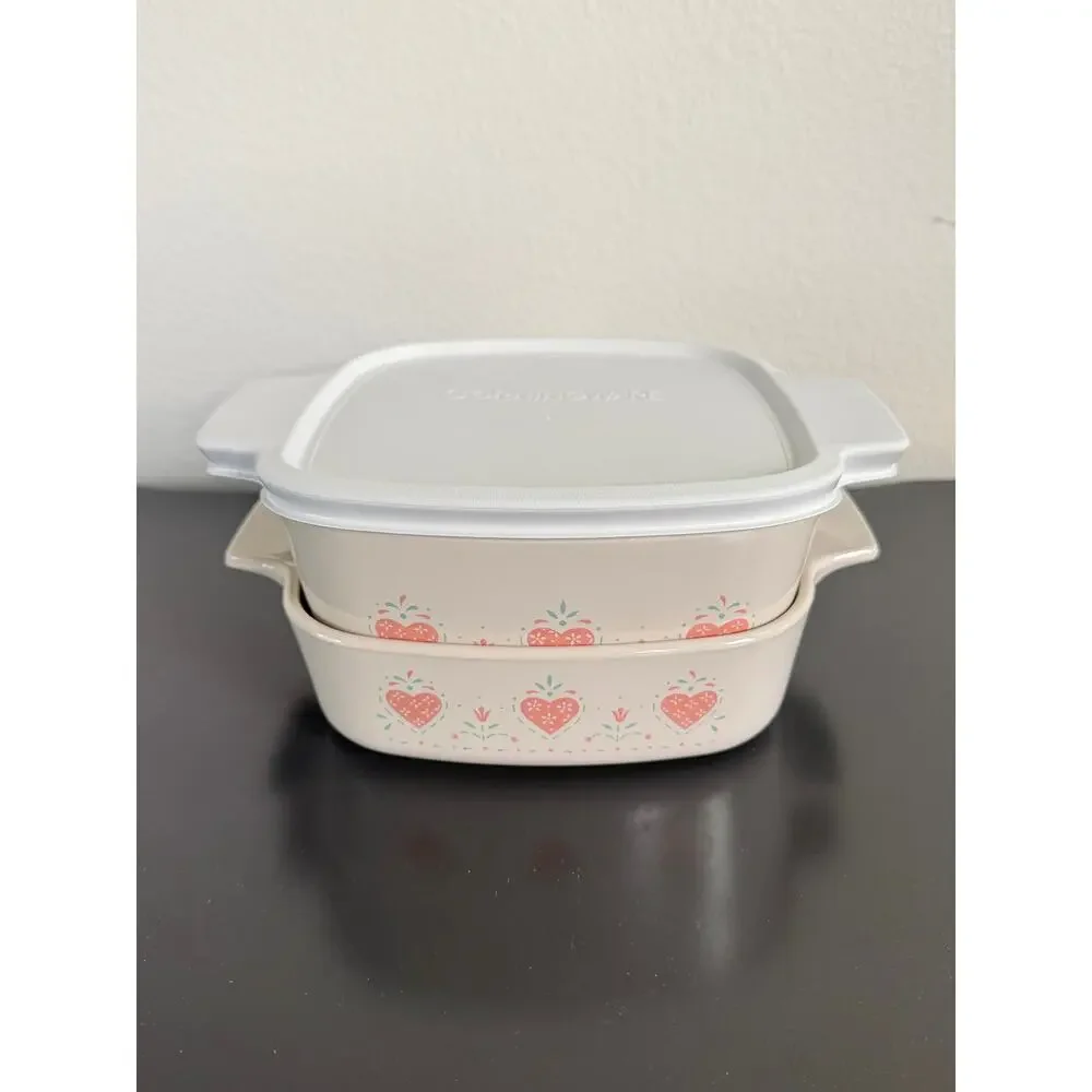 Vintage CorningWare casserole baking dishes Forever Yours pattern pink heart lid